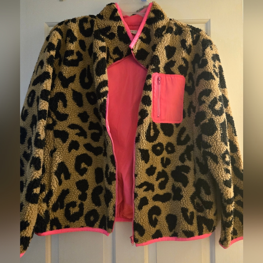JODIFL Leopard Print Womens Puffer Jacket with Pink Highlights